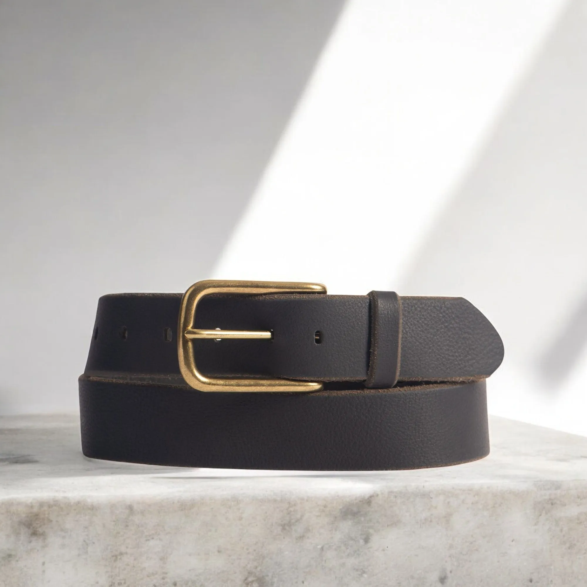 Aria - Tan Leather Dress Belt with Elongated Gold Buckle - Made in Canada