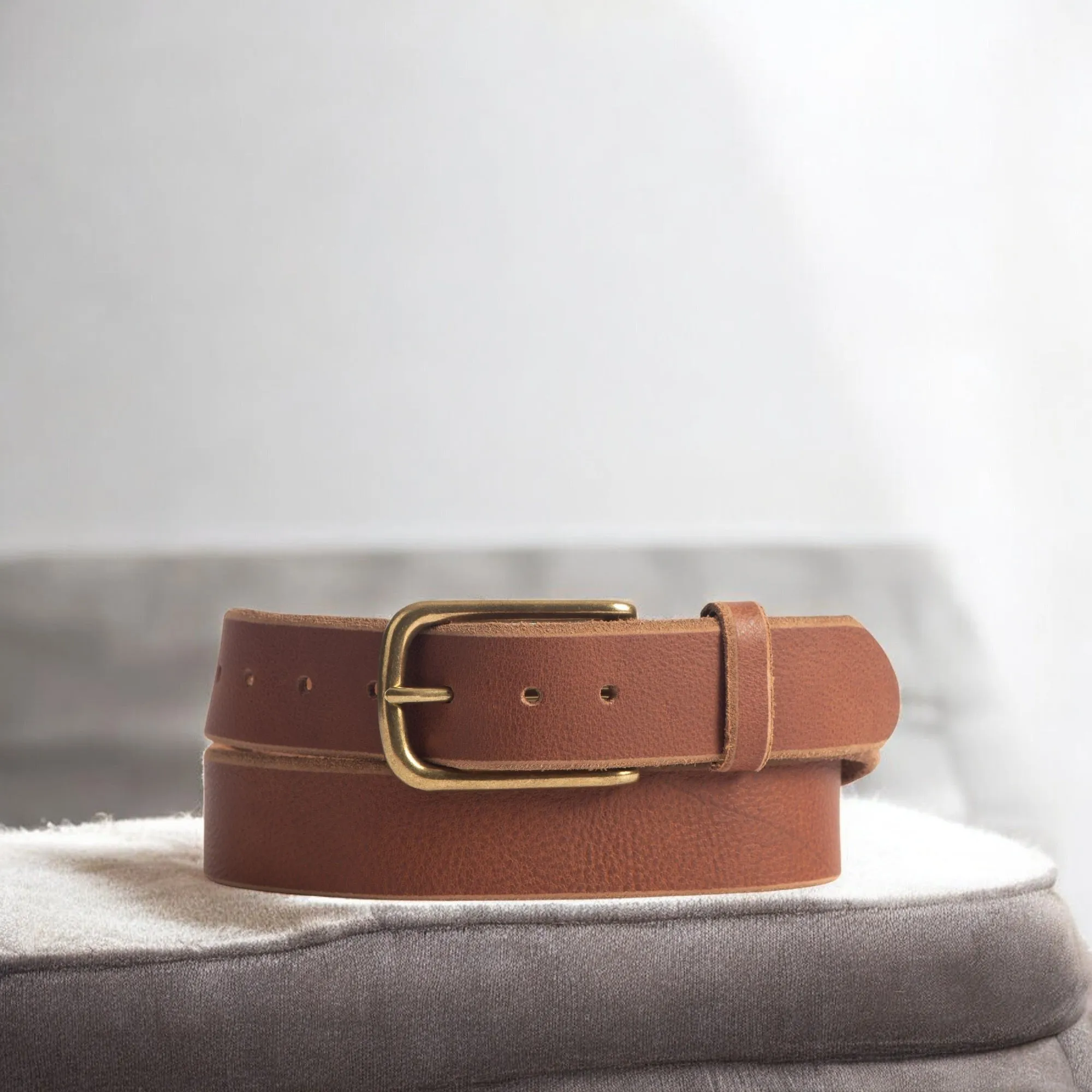 Aria - Tan Leather Dress Belt with Elongated Gold Buckle - Made in Canada