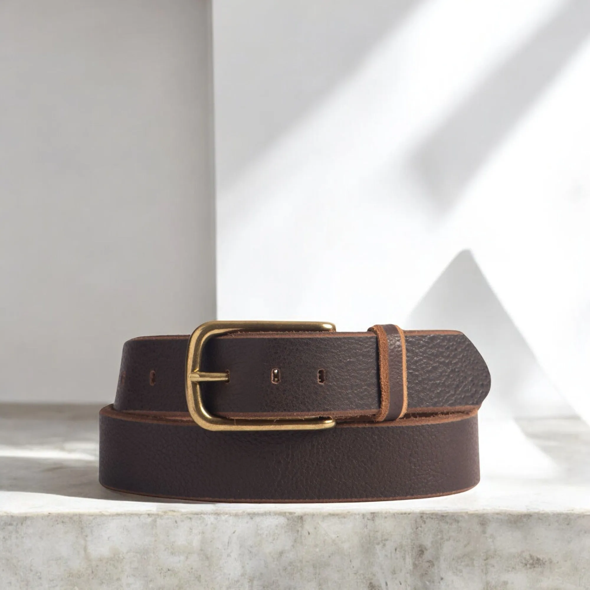 Aria - Tan Leather Dress Belt with Elongated Gold Buckle - Made in Canada