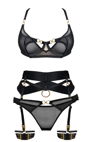 Retta Balconette Wire Bra, Suspender, Open Back Brief and Garter Set