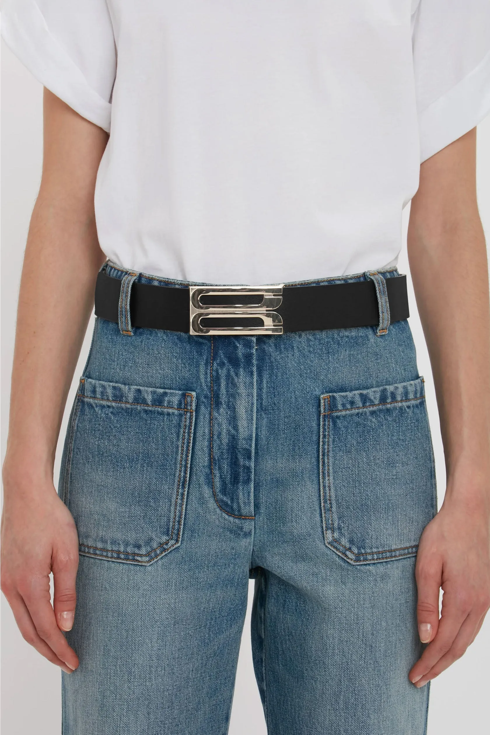 Silver Buckle Jumbo Frame Belt In Black Grained Leather