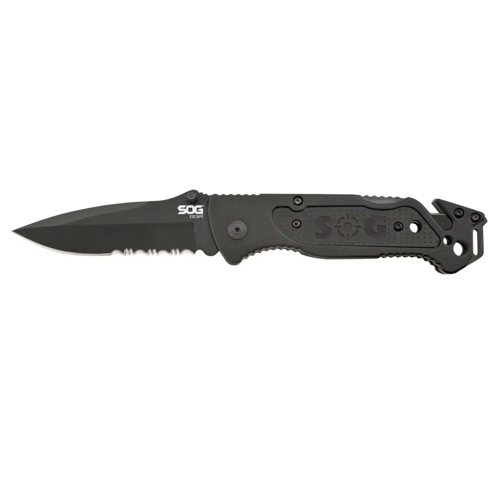 SOG Folding Knife - Escape Black Partially Serrated Clip Point Steel Blade | FF25-CP