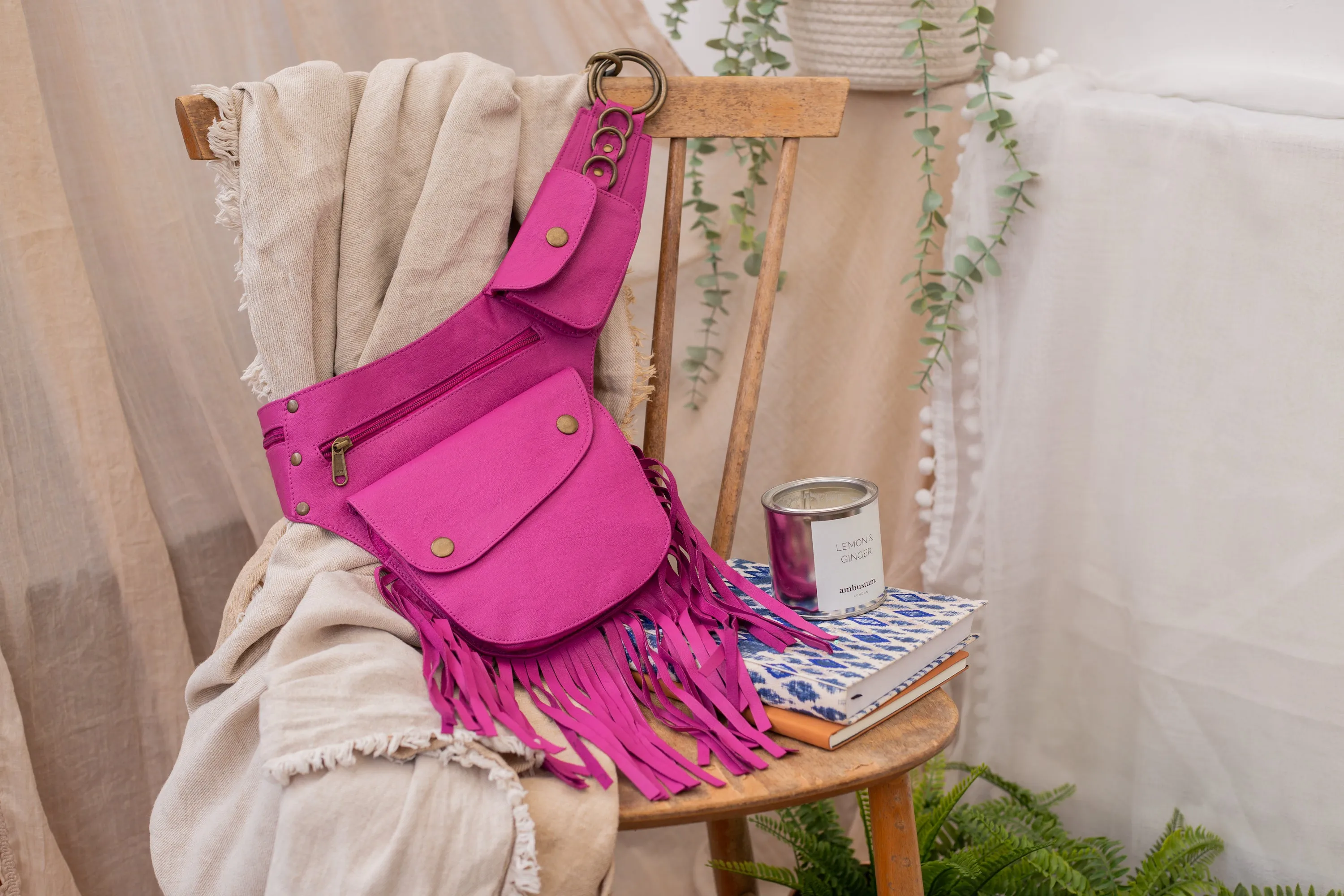 Vegan Leather Tassel Belt - Hot Pink