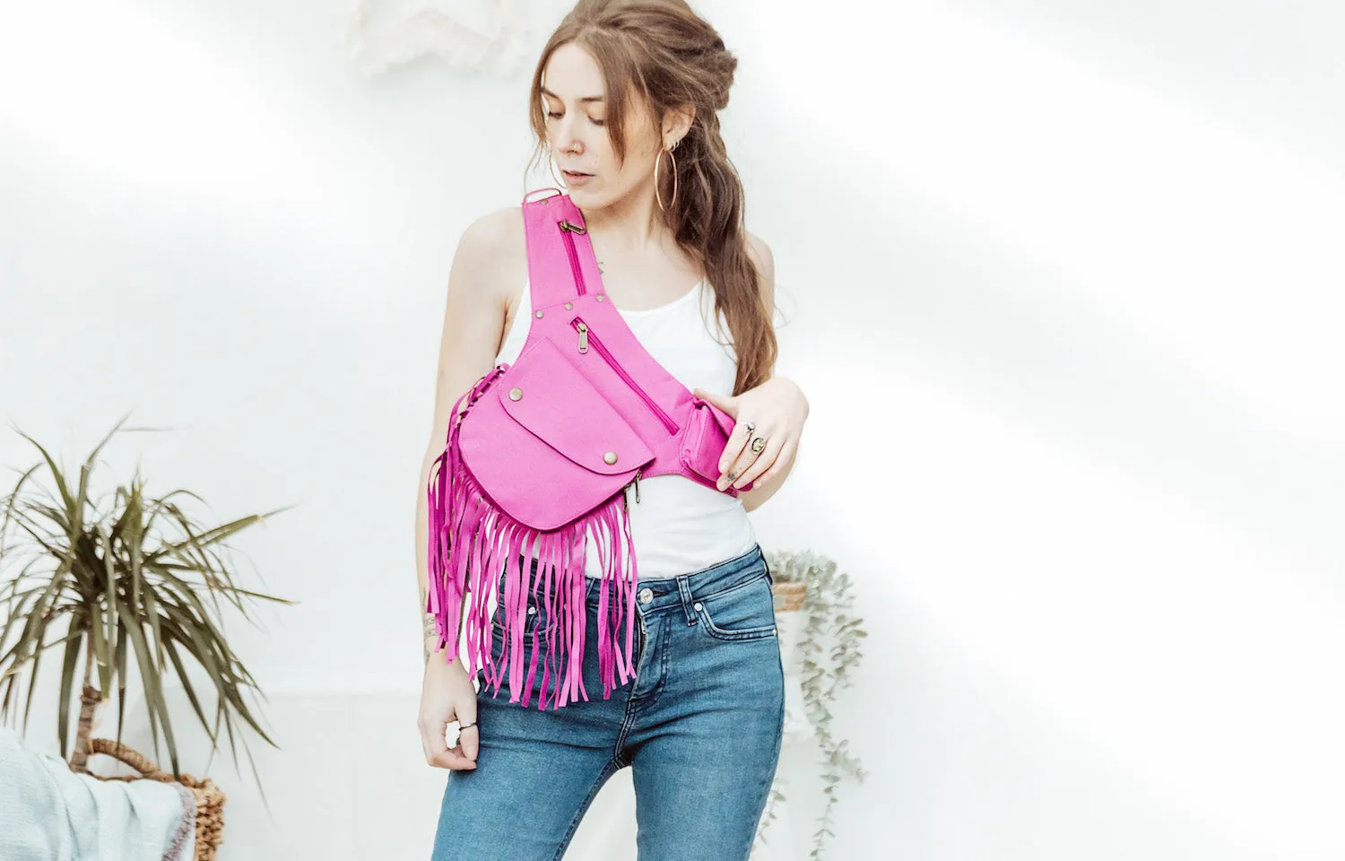 Vegan Leather Tassel Belt - Hot Pink